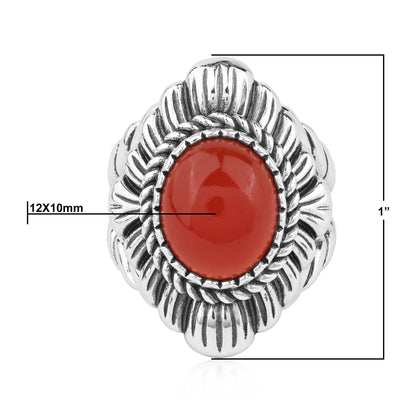 Sterling Silver Red Onyx Oval-Cut Rope Scallop Design Ring