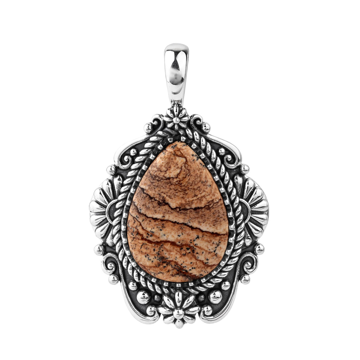 Sterling Silver Picture Jasper Oval Gemstone Concha Pendant Enhancer 