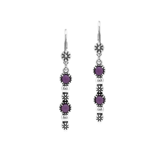 Sterling Silver Phosphosiderite Round Gemstone and Concha Linear Lever Back Earrings