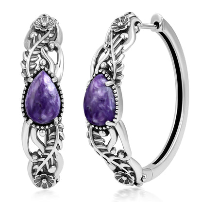 Sterling Silver Charoite Vine and Leaf Hoop Earrings