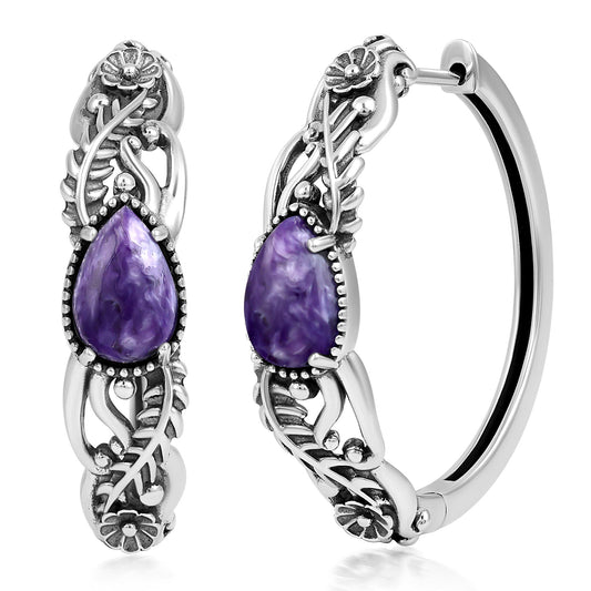 Sterling Silver Charoite Vine and Leaf Hoop Earrings