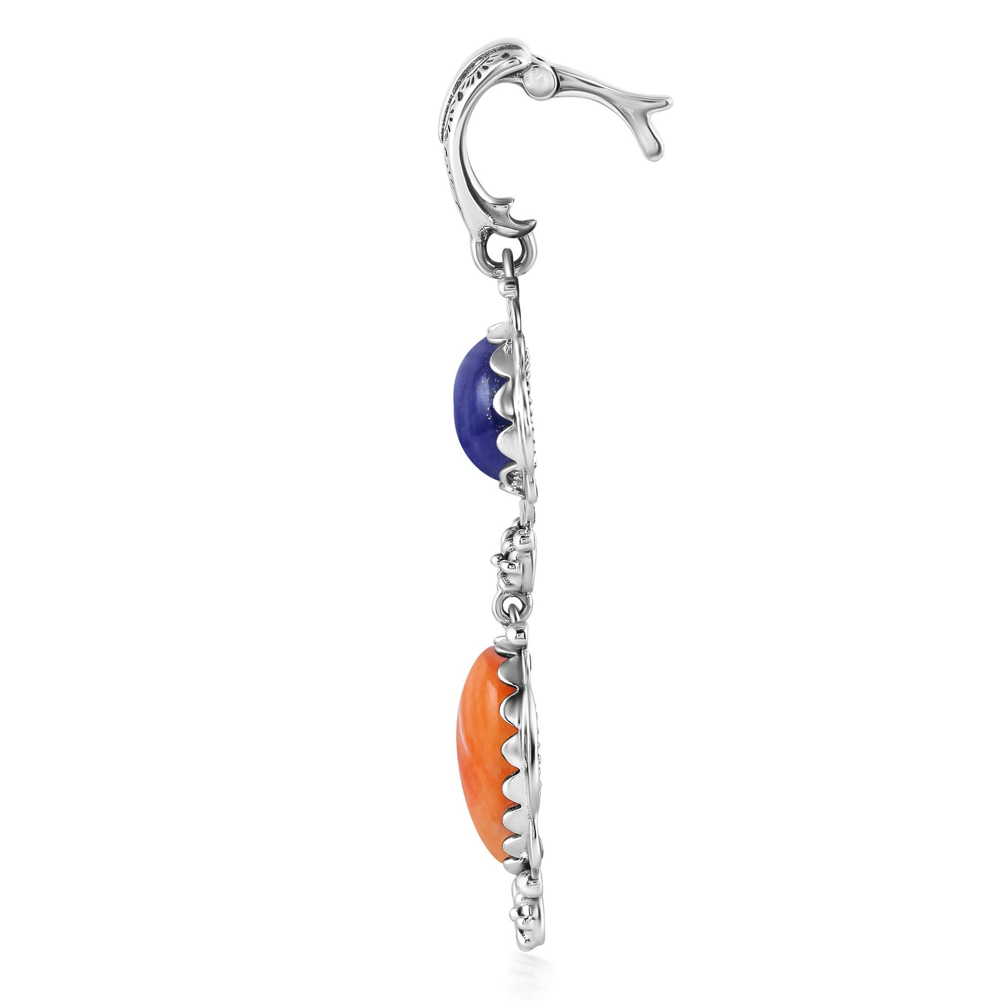Sterling Silver Pear and Oval Lapis and Orange Spiny Oyster Linear Pendant Enhancer 