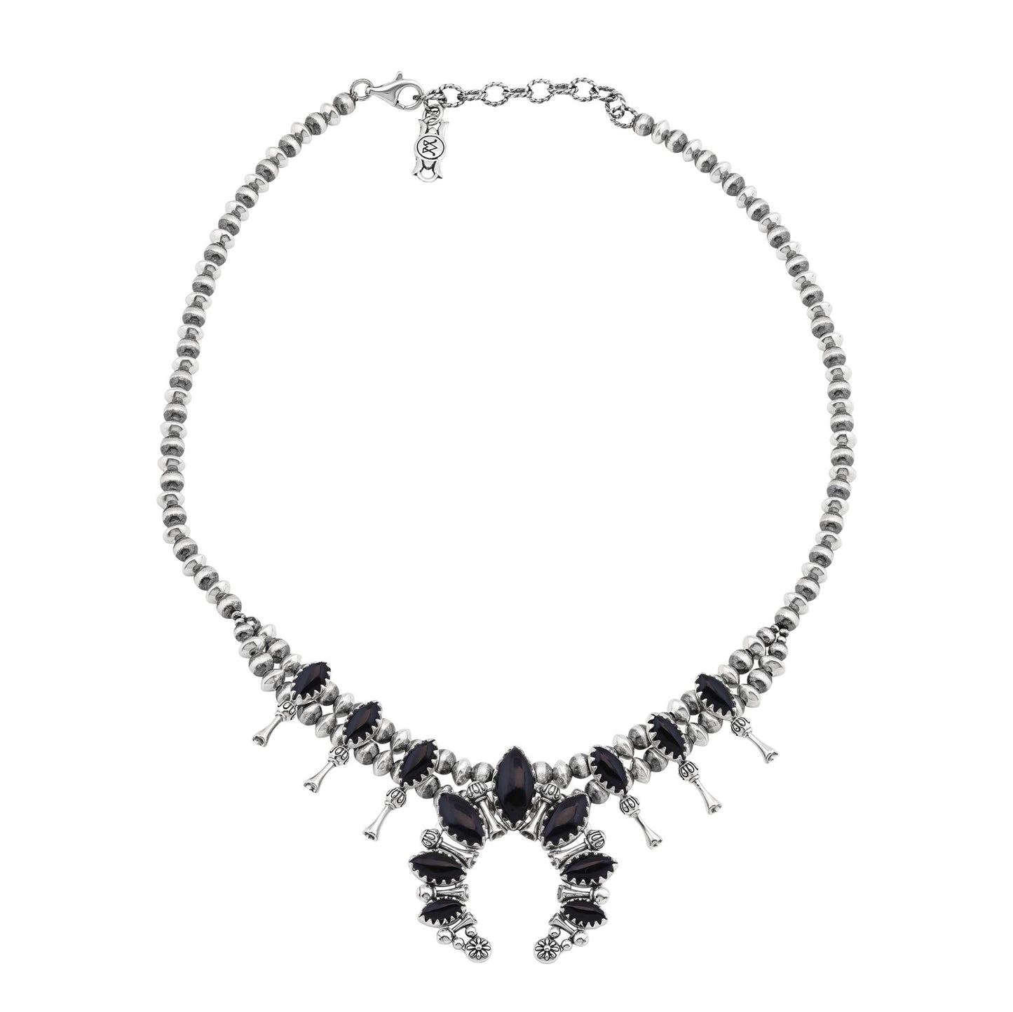  Sterling Silver Black Onyx Marquise-Cut Squash Blossom Necklace 