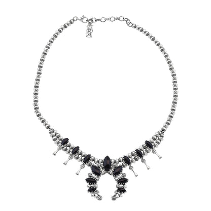  Sterling Silver Black Onyx Marquise-Cut Squash Blossom Necklace 