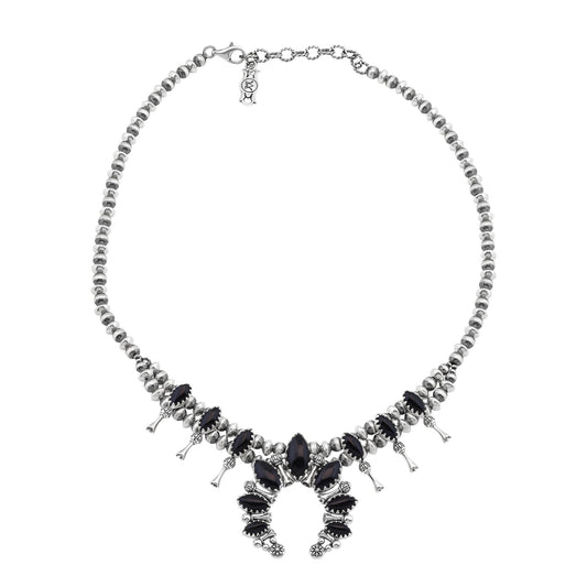 Sterling Silver Black Onyx Marquise-Cut Squash Blossom Necklace 