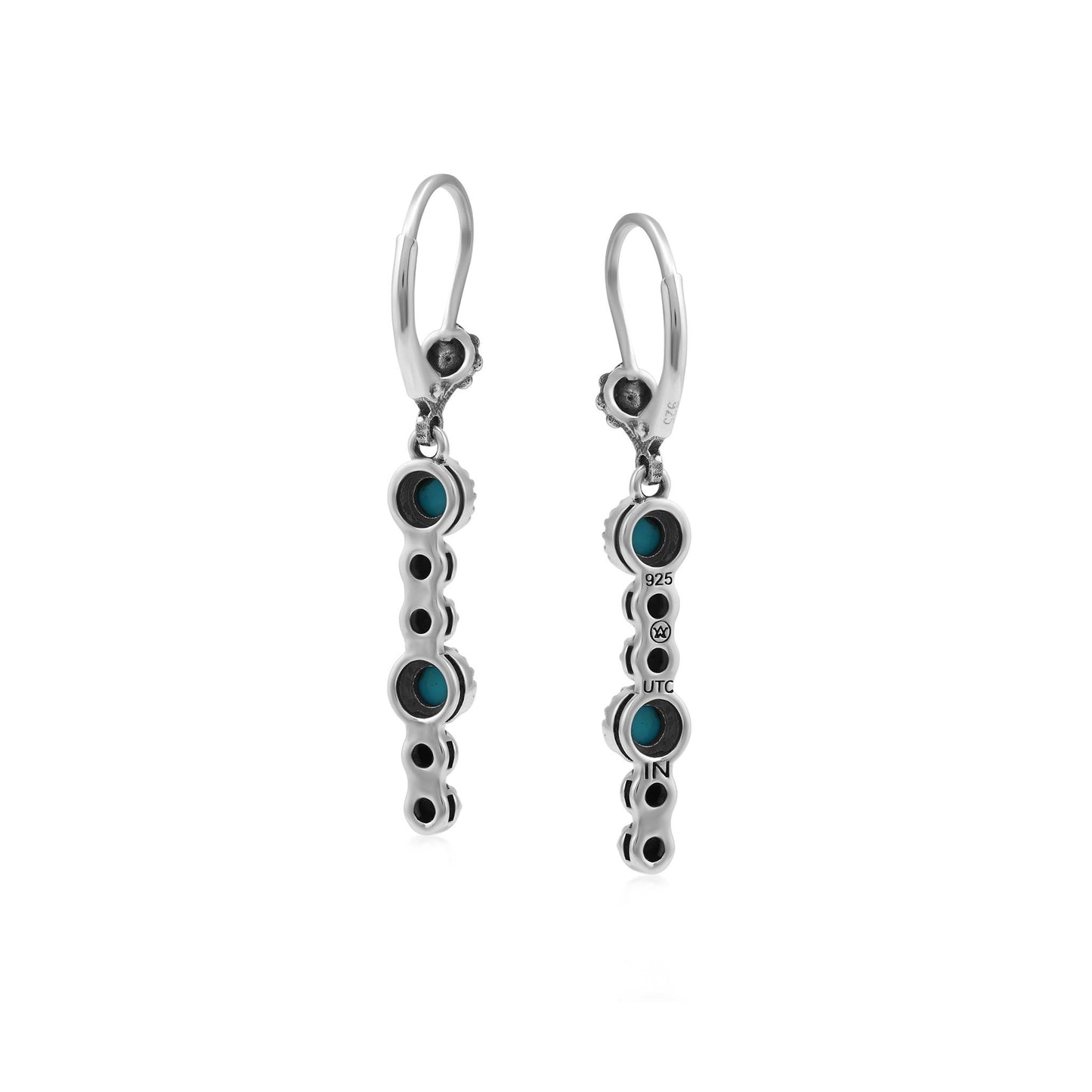 Sterling Silver Sleeping Beauty Turquoise Round Gemstone and Concha Linear Lever Back Earrings