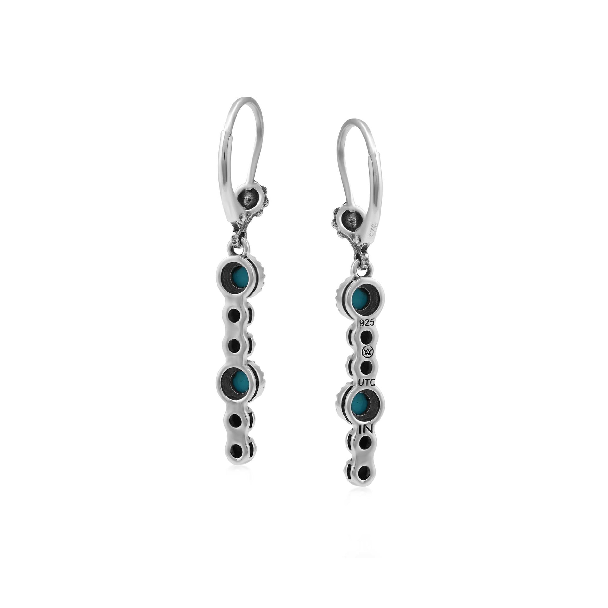 Sterling Silver Sleeping Beauty Turquoise Round Gemstone and Concha Linear Lever Back Earrings