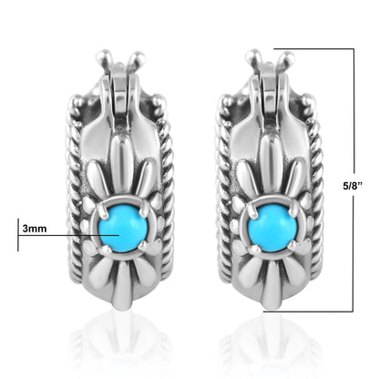 EXCLUSIVELY OURS! Sterling Silver Sleeping Beauty Turquoise Rope and Flower Design Hoop Earrings