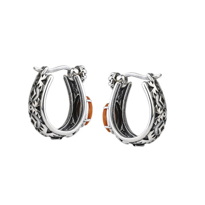 Sterling Silver Orange Spiny Oyster Marquise Cut Huggie Hoop Earrings 