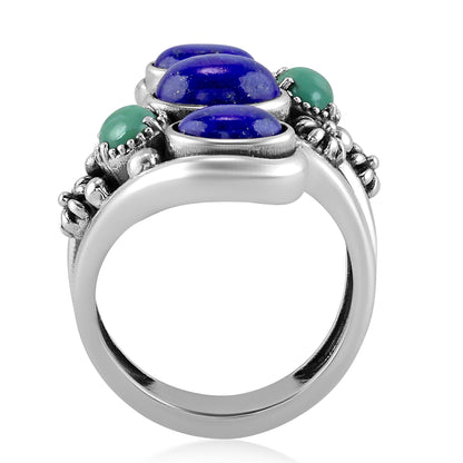 Sterling Silver Lapis and Green Turquoise Freeform Bypass Ring