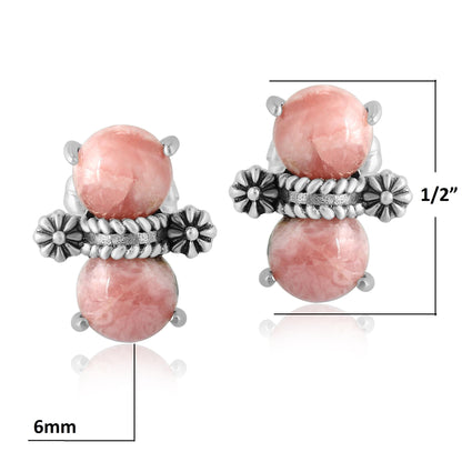 Sterling Silver Round Rhodochrosite Concha Stud Earrings 
