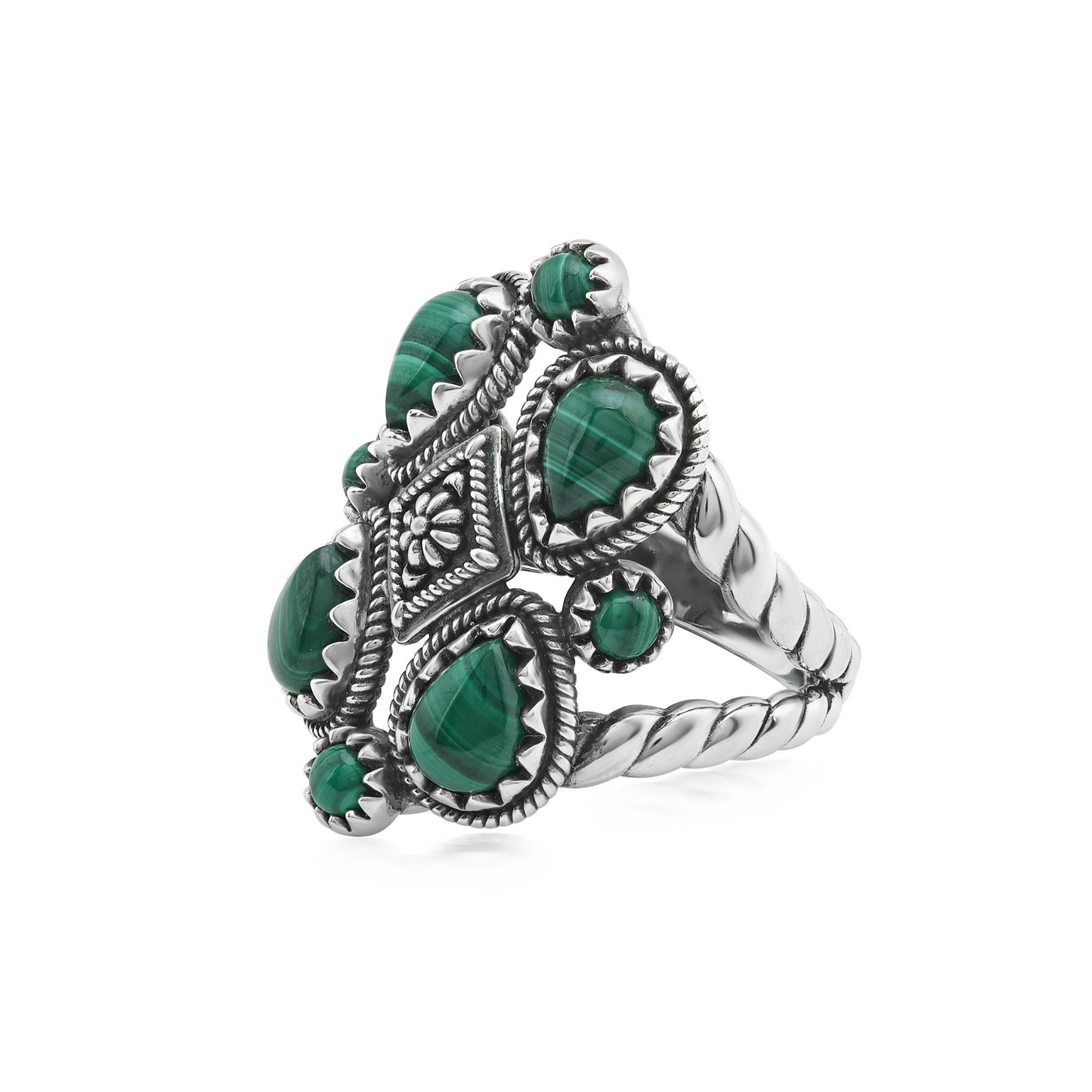 Sterling Silver Malachite 4 Pear and Round Cut Cluster Ring
