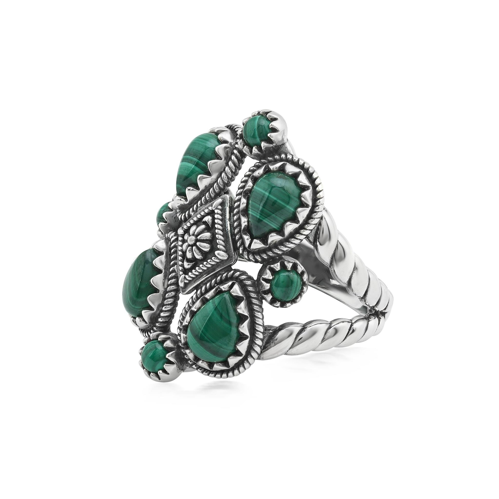 Sterling Silver Malachite 4 Pear and Round Cut Cluster Ring