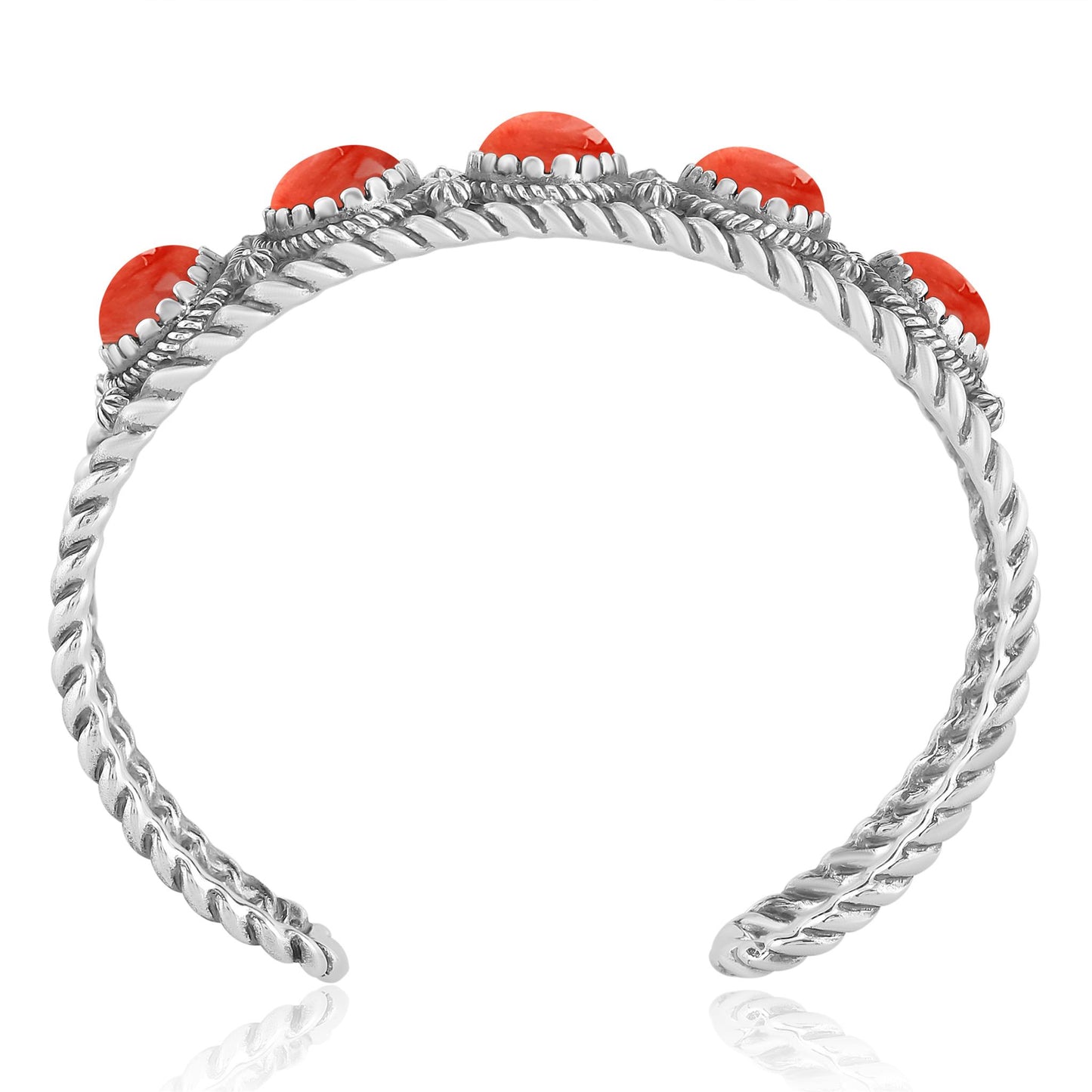 Sterling Silver Red Spiny Oyster Gemstone Rope Design 5-Stone Cuff Bracelet, Sizes Small to Large