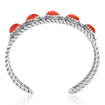 Sterling Silver Red Spiny Oyster Gemstone Rope Design 5-Stone Cuff Bracelet, Sizes Small to Large