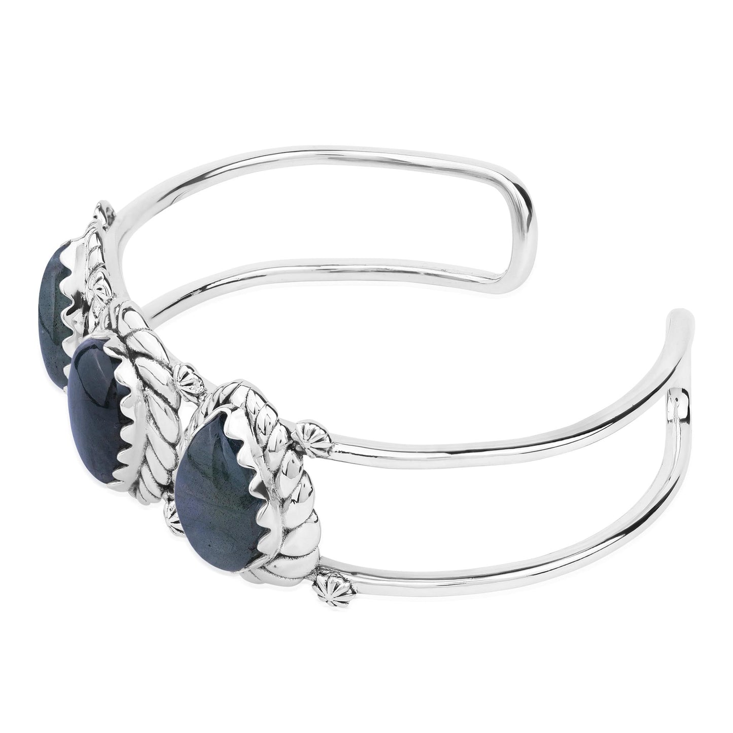 LIMITED EDITION! Sterling Silver Labradorite Pear Cut Rope Design Cuff Bracelet, Sizes Small to Large