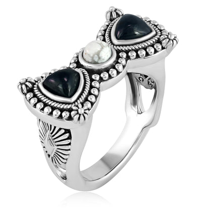 Sterling Silver Black Spinel and White Howlite Bow Tie Ring