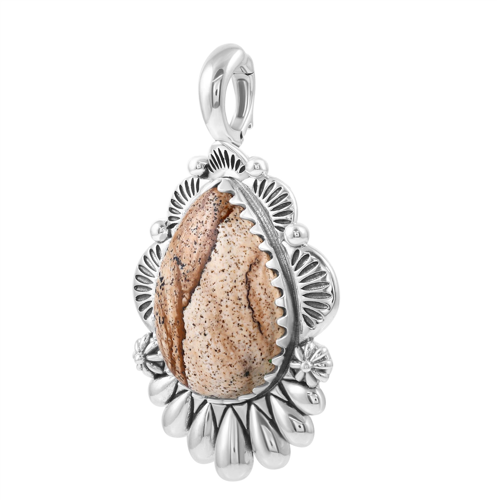 Sterling Silver Picture Jasper Scalloped Pear Pendant Enhancer