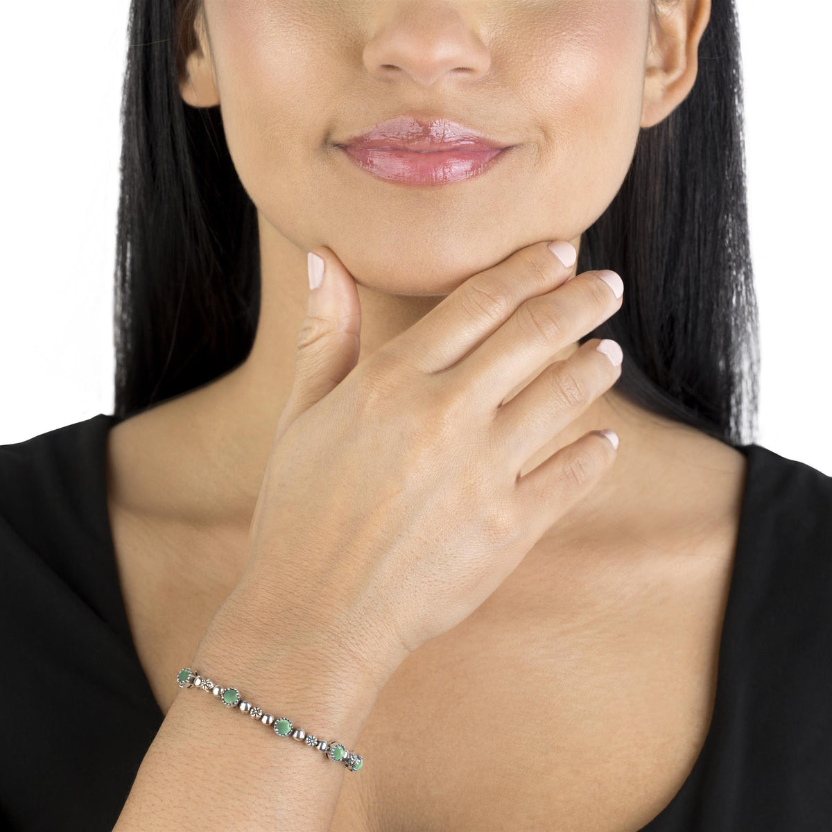Sterling Silver Green Turquoise Round Beaded Bracelet, Sizes Small to Large