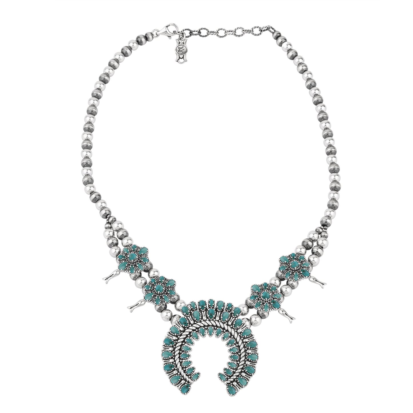  Sterling Silver Green Turquoise Petit Point Naja Squash Blossom Necklace