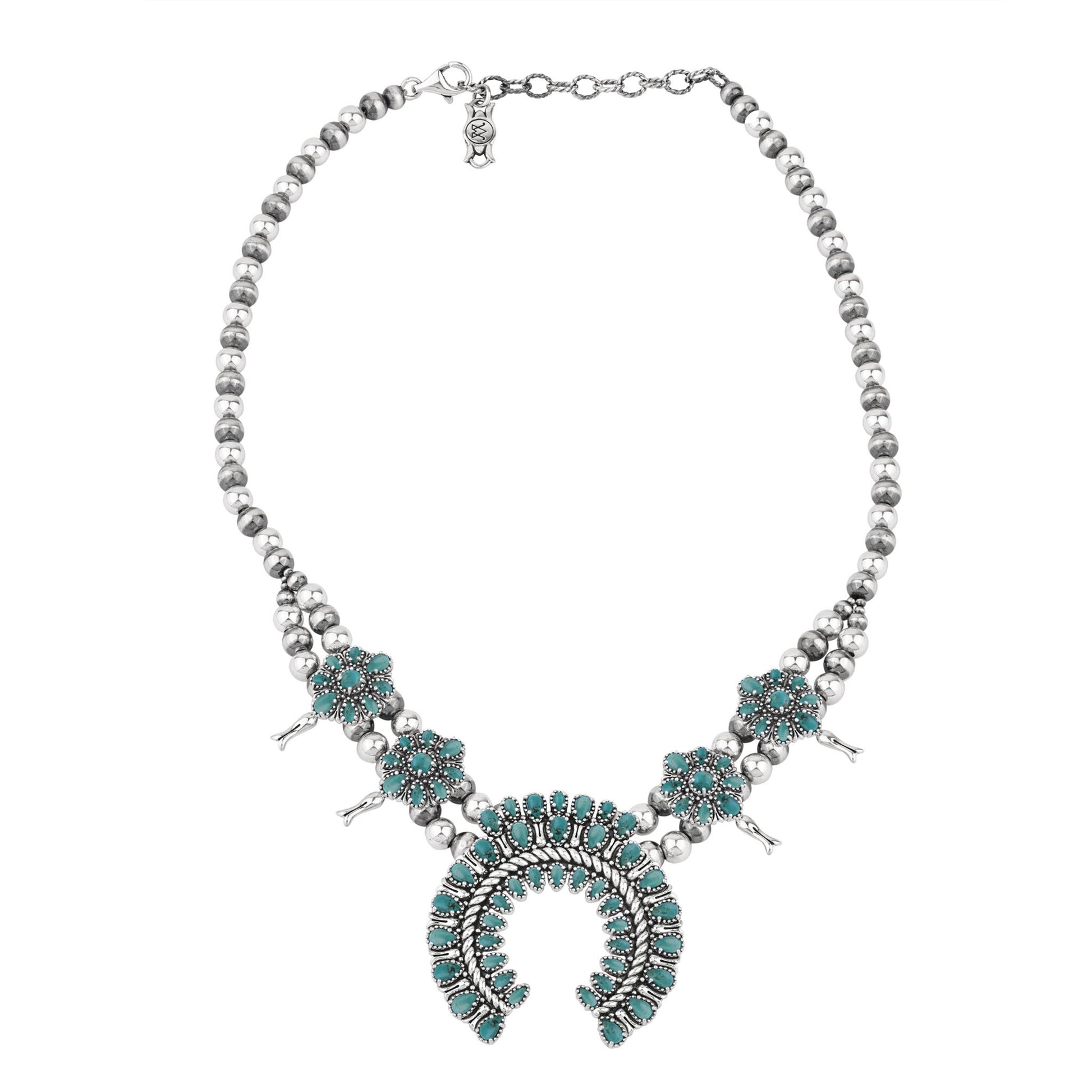  Sterling Silver Green Turquoise Petit Point Naja Squash Blossom Necklace