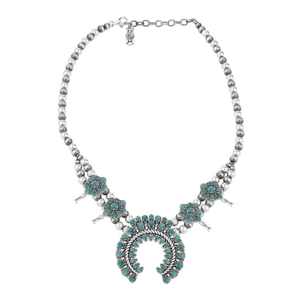  Sterling Silver Green Turquoise Petit Point Naja Squash Blossom Necklace
