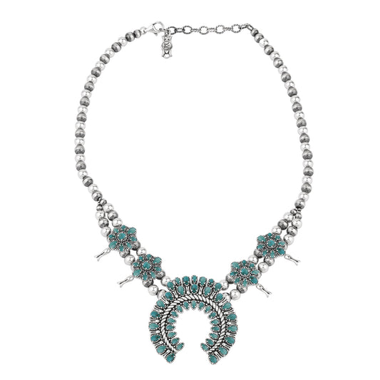  Sterling Silver Green Turquoise Petit Point Naja Squash Blossom Necklace