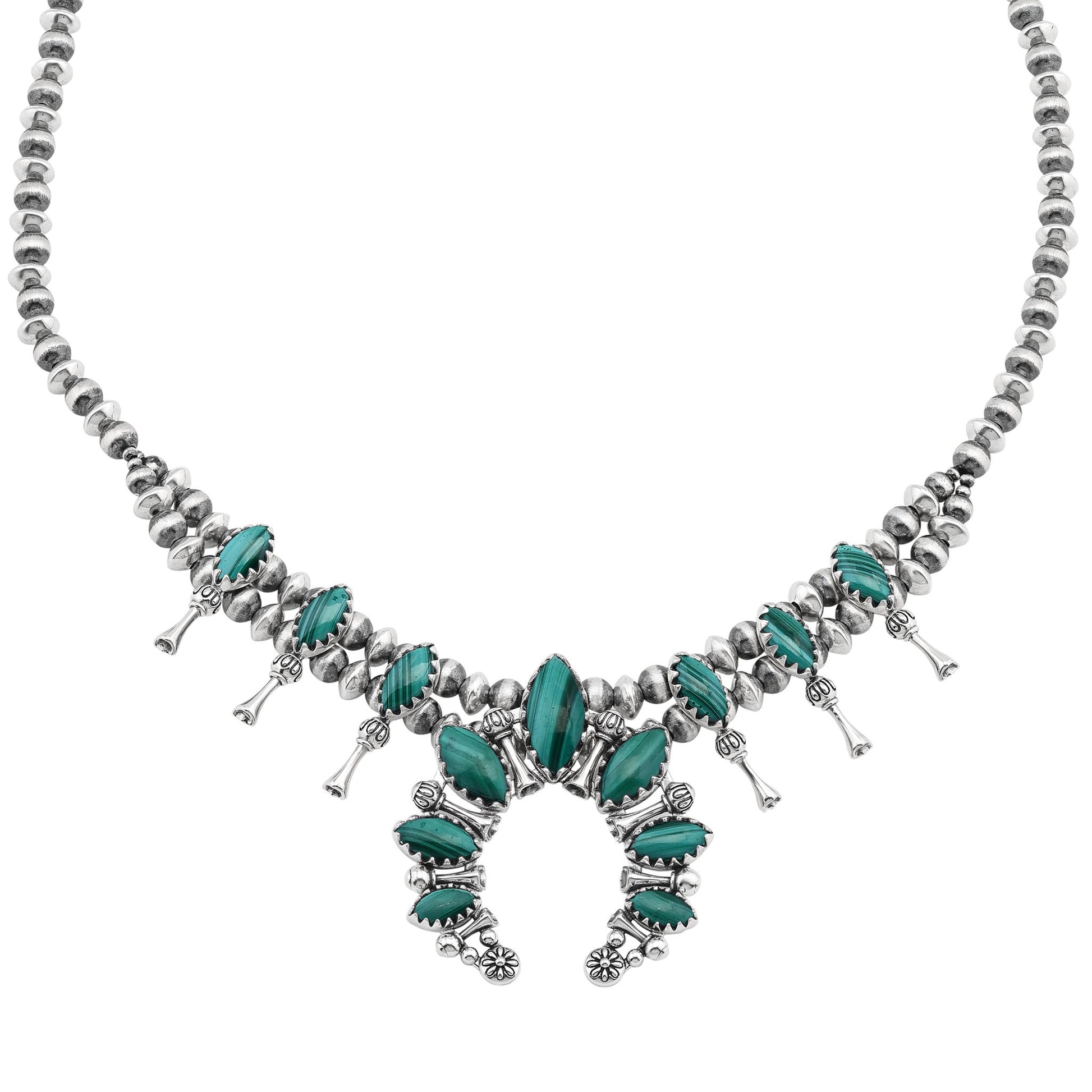  Sterling Silver Malachite Marquise-Cut Squash Blossom Necklace 