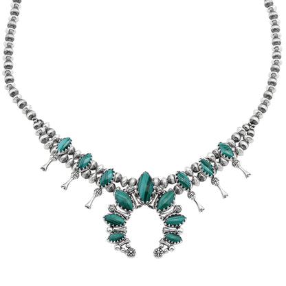  Sterling Silver Malachite Marquise-Cut Squash Blossom Necklace 