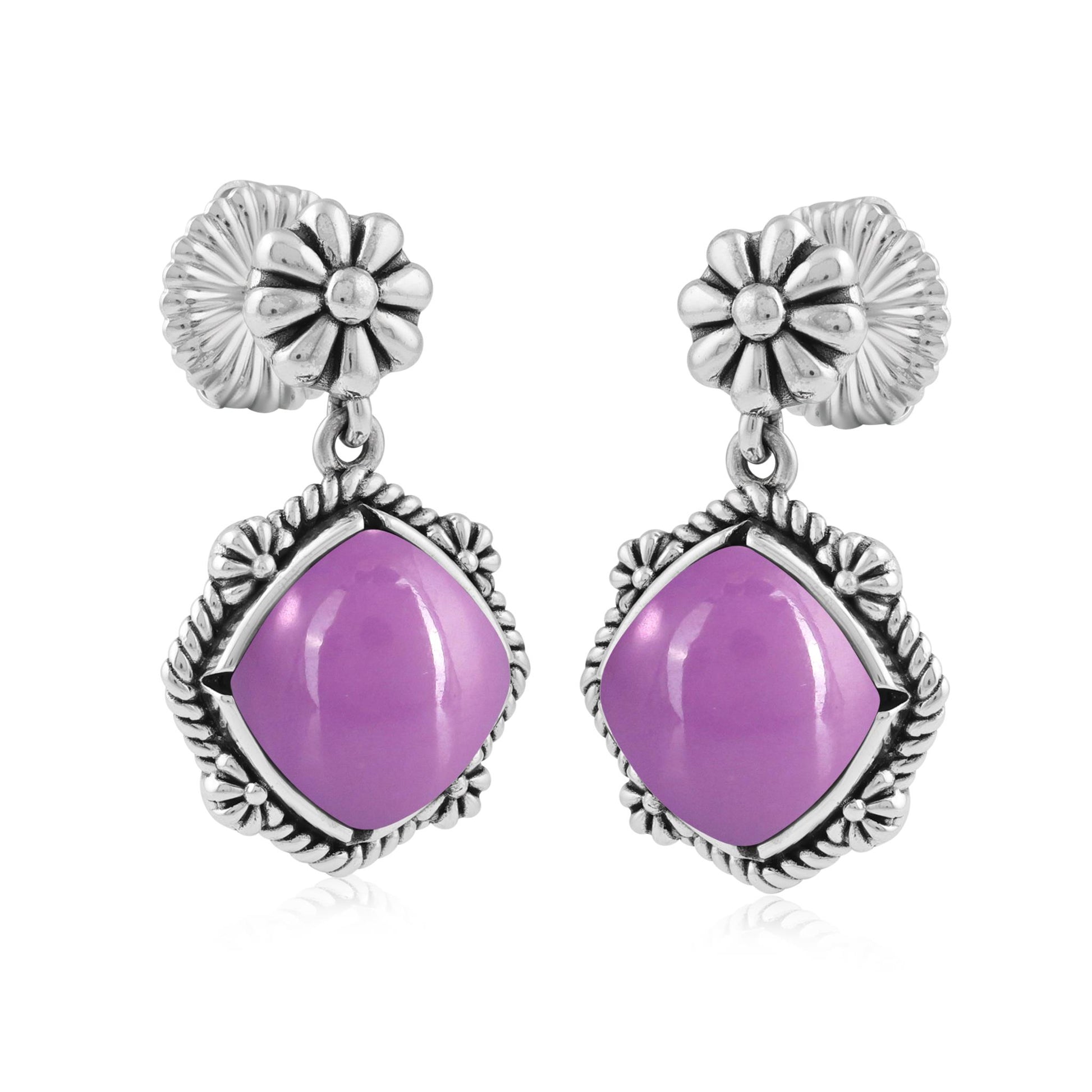 Sterling Silver Phosphosiderite Cushion-Cut Concha Flower Post Earrings 