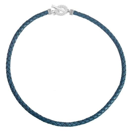 Sterling Silver Braided Blue Leather Toggle Necklace, 16 to 20 Inches