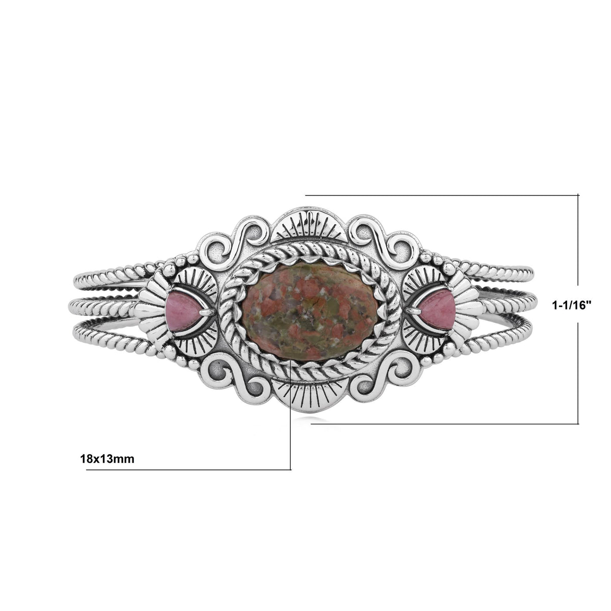 Sterling Silver Unakite and Rhodonite Oval and Trillion Gemstone Cuff, Sizes Small and Large