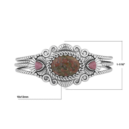 Sterling Silver Unakite and Rhodonite Oval and Trillion Gemstone Cuff, Sizes Small and Large