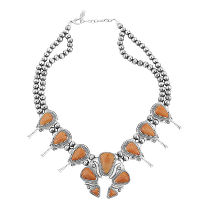 LIMITED EDITION! Sterling Silver Orange Spiny Oyster Large Naja Squash Blossom Necklace