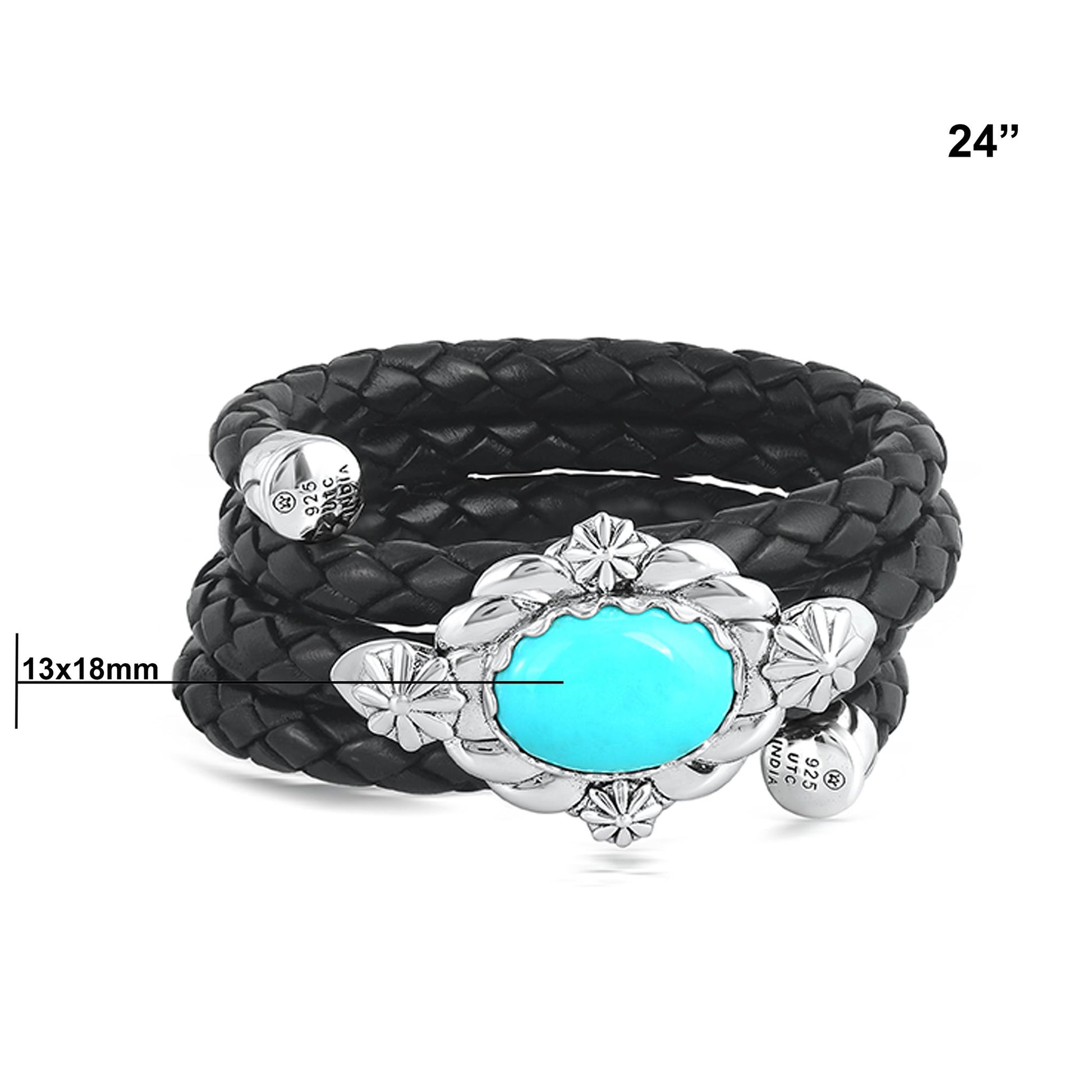 Sterling Silver Kingman Turquoise Black Braided Leather Coil Wrap Bracelet, 24 Inches