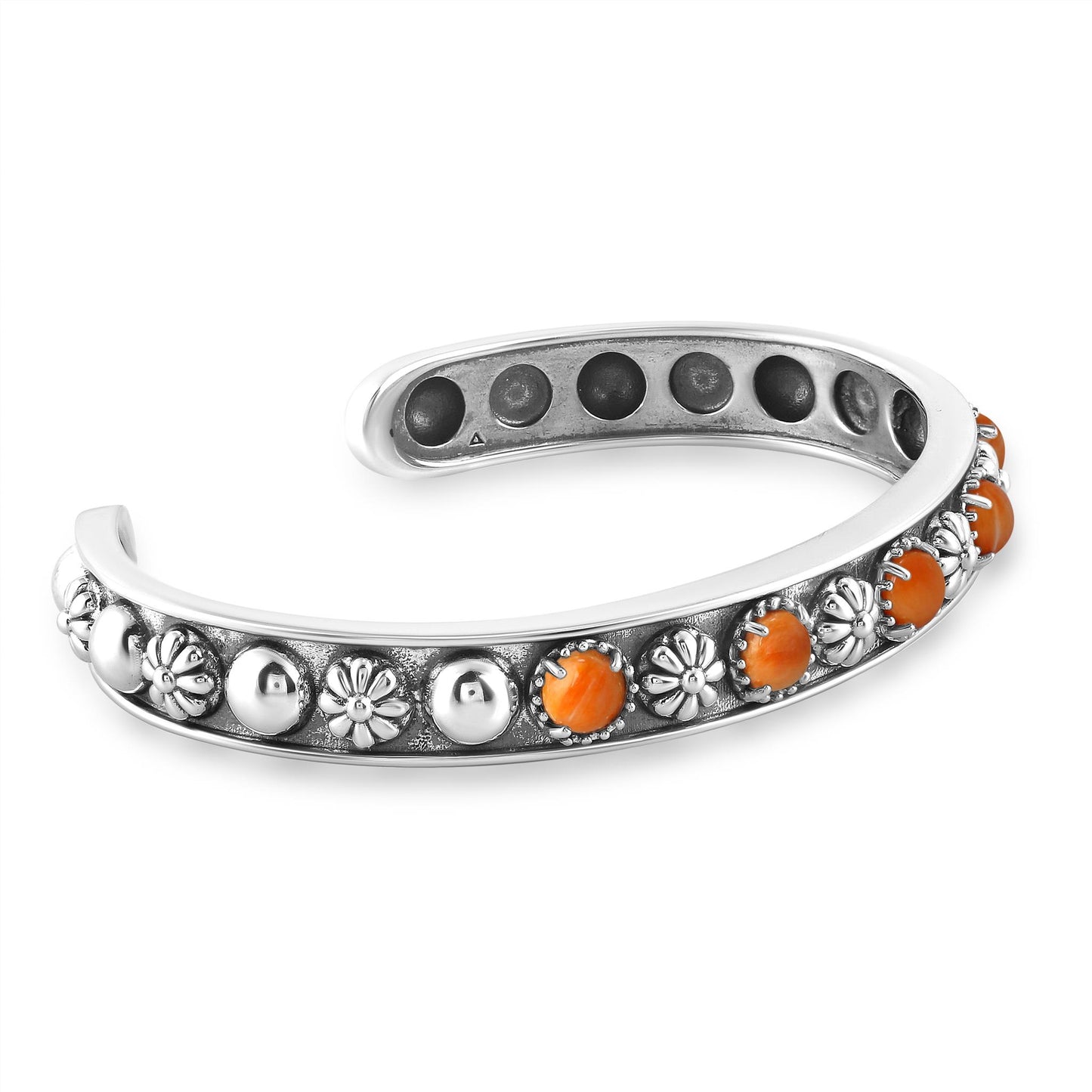 Sterling Silver Orange Spiny Oyster Concha Flower Narrow Cuff Bracelet, Sizes Small to Large