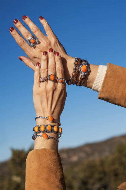 EXCLUSIVELY OURS! Sterling Silver Orange Spiny Oyster Pear Cut Stackable Cuff Bracelet, Sizes Small to Large