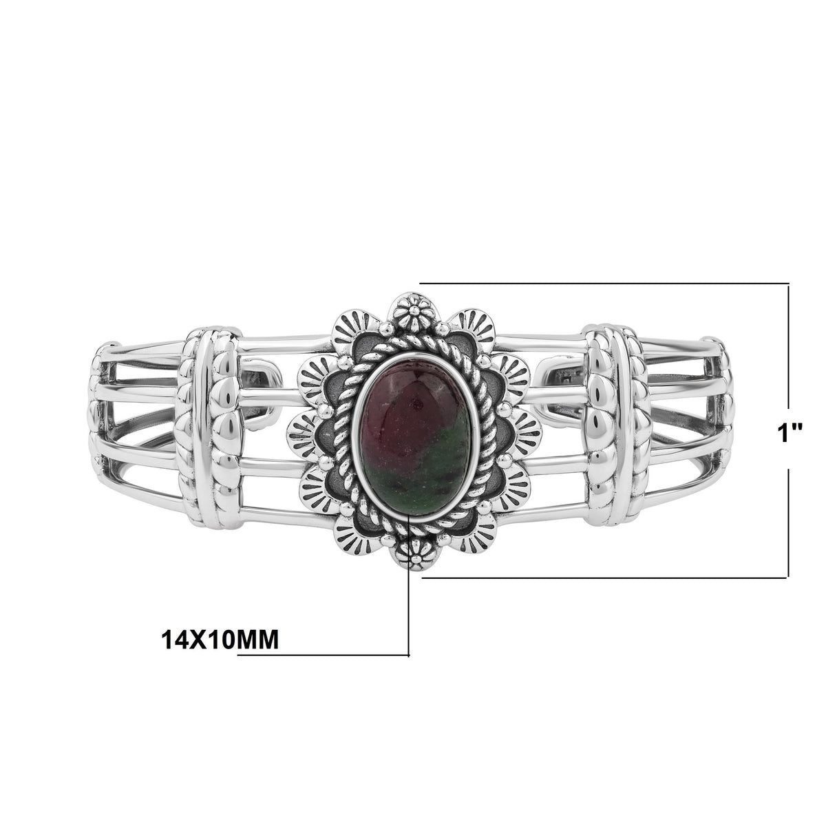 Sterling Silver Ruby Zoisite Oval Scallop Open Cuff Bracelet, Sizes Small to Large