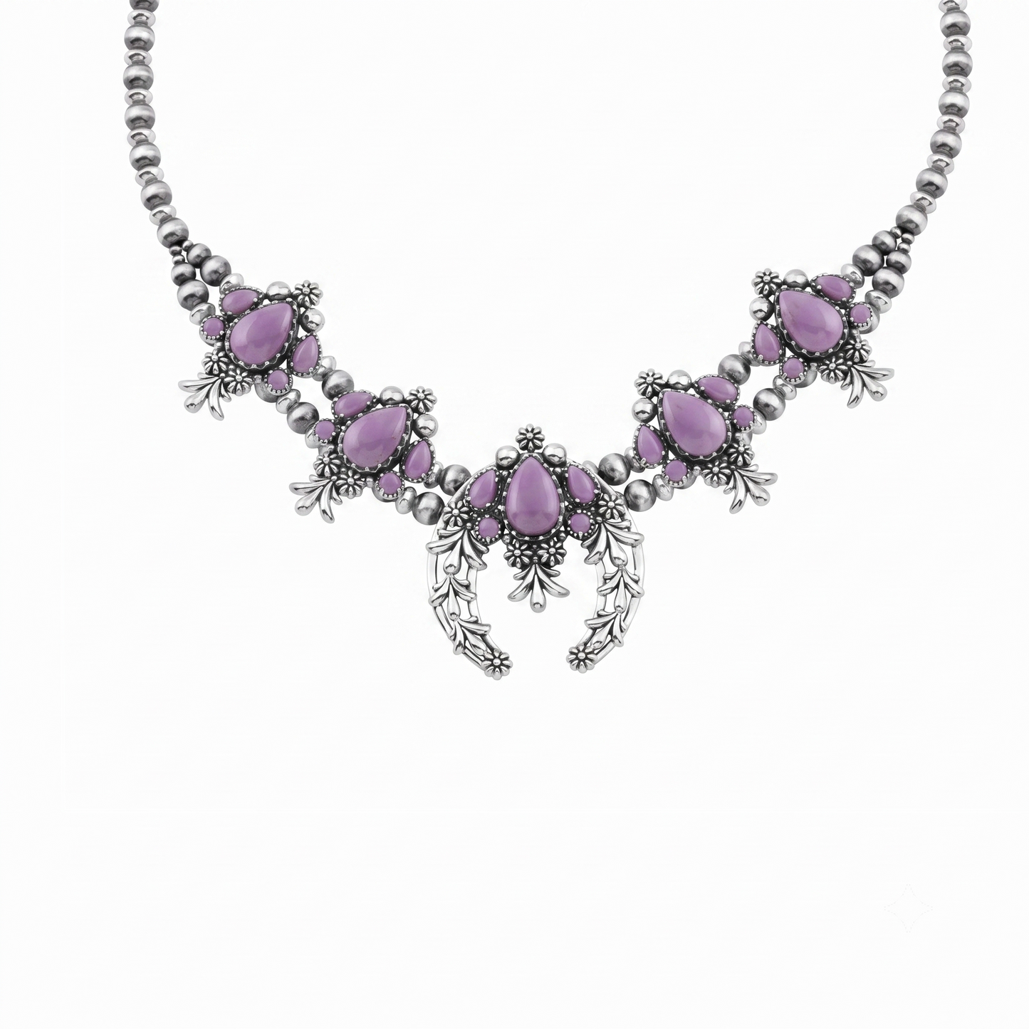 LIMITED EDITION! Sterling Silver Phosphosiderite Pear Cut Squash Blossom Naja Necklace, 17 to 20 Inches