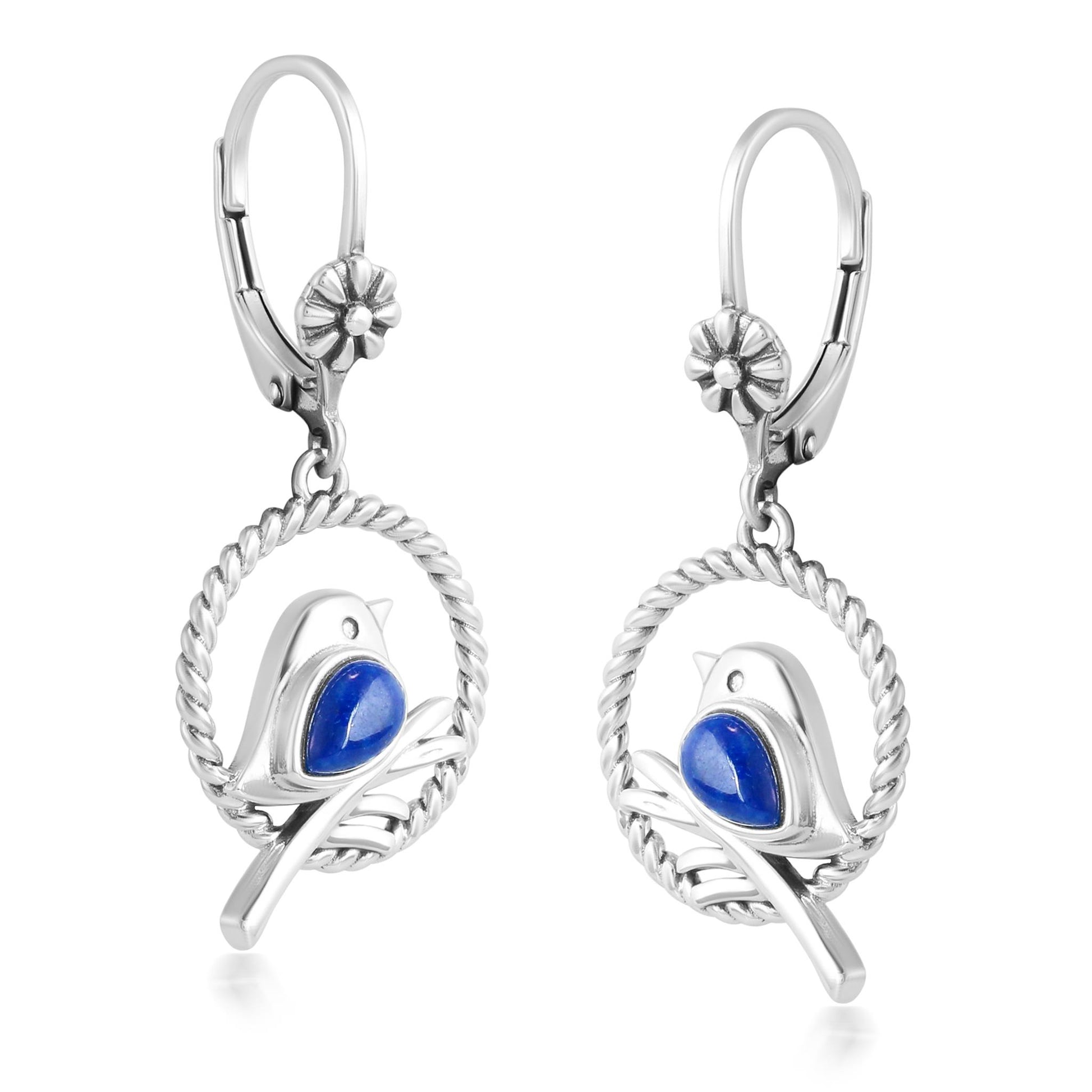 EXCLUSIVELY OURS! Sterling Silver Lapis Bird and Branch Open Circle Dangle Earrings