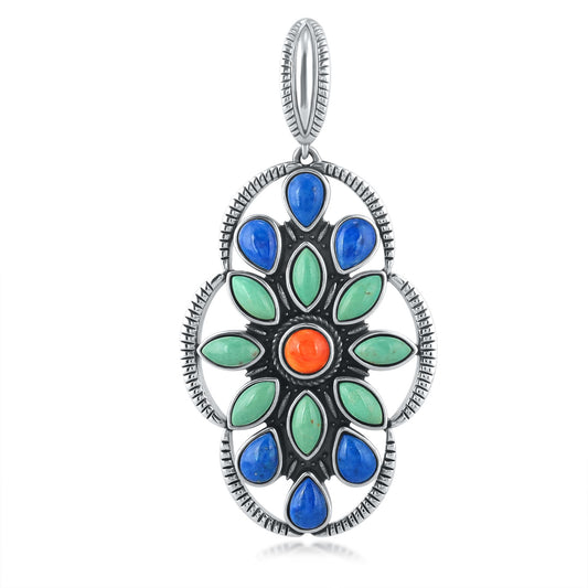 Sterling Silver Green Turquoise Lapis and Orange Spiny Oyster Oval Cluster Pendant Enhancer