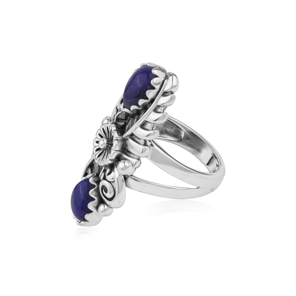 Sterling Silver Lapis Pear-Cut Leaf and Flower Ring, Sizes 5 to 10
