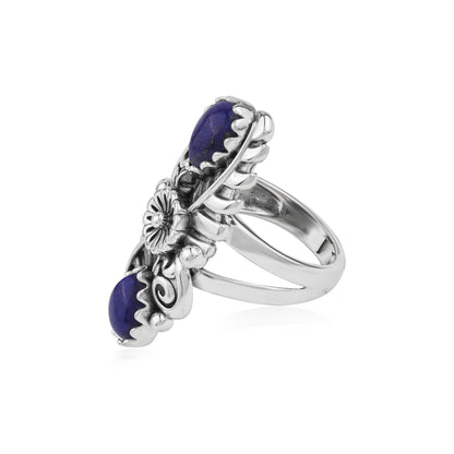 Sterling Silver Lapis Pear-Cut Leaf and Flower Ring, Sizes 5 to 10