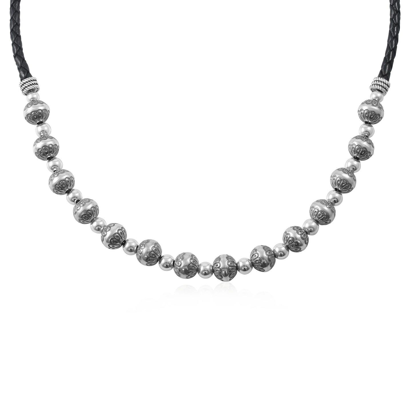 Sterling Silver Black Leather Native Pearl Beaded Necklace