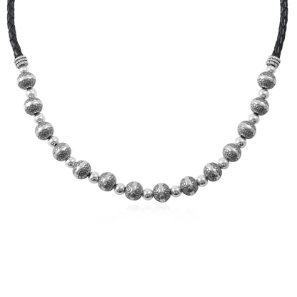 Sterling Silver Black Leather Native Pearl Beaded Necklace