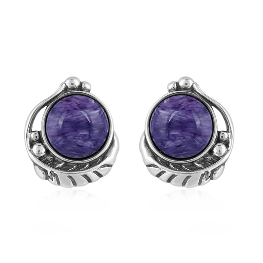 EXCLUSIVELY OURS! Sterling Silver Charoite Leaf Design Button Earrings