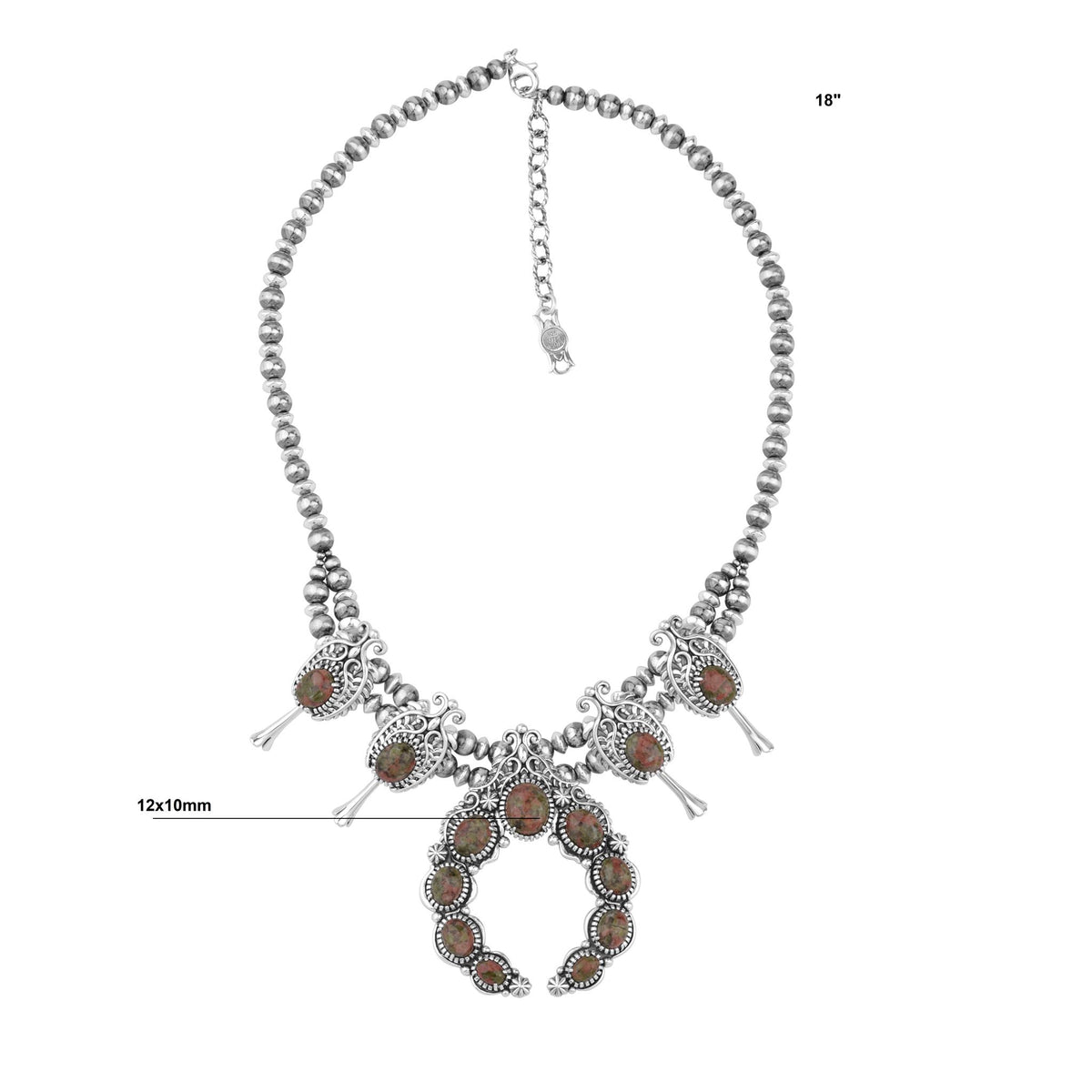 Sterling Silver Unakite Leaf and Vine Squash Blossom Necklace, 18 to 21 Inches