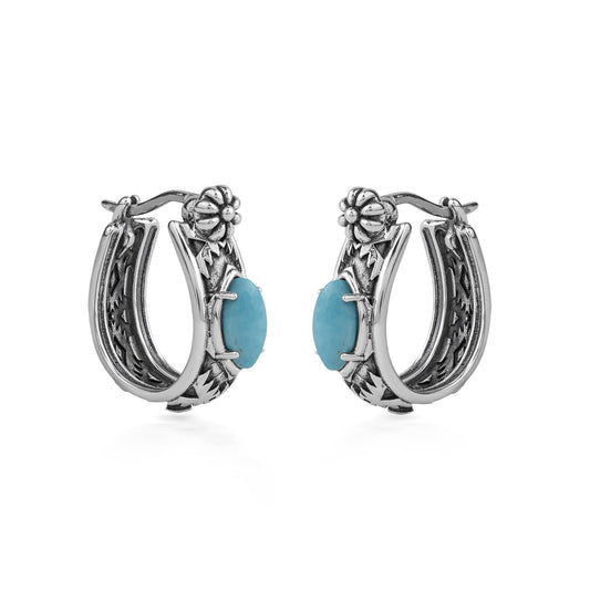 Sterling Silver Kingman Turquoise Marquise Cut Huggie Hoop Earrings 