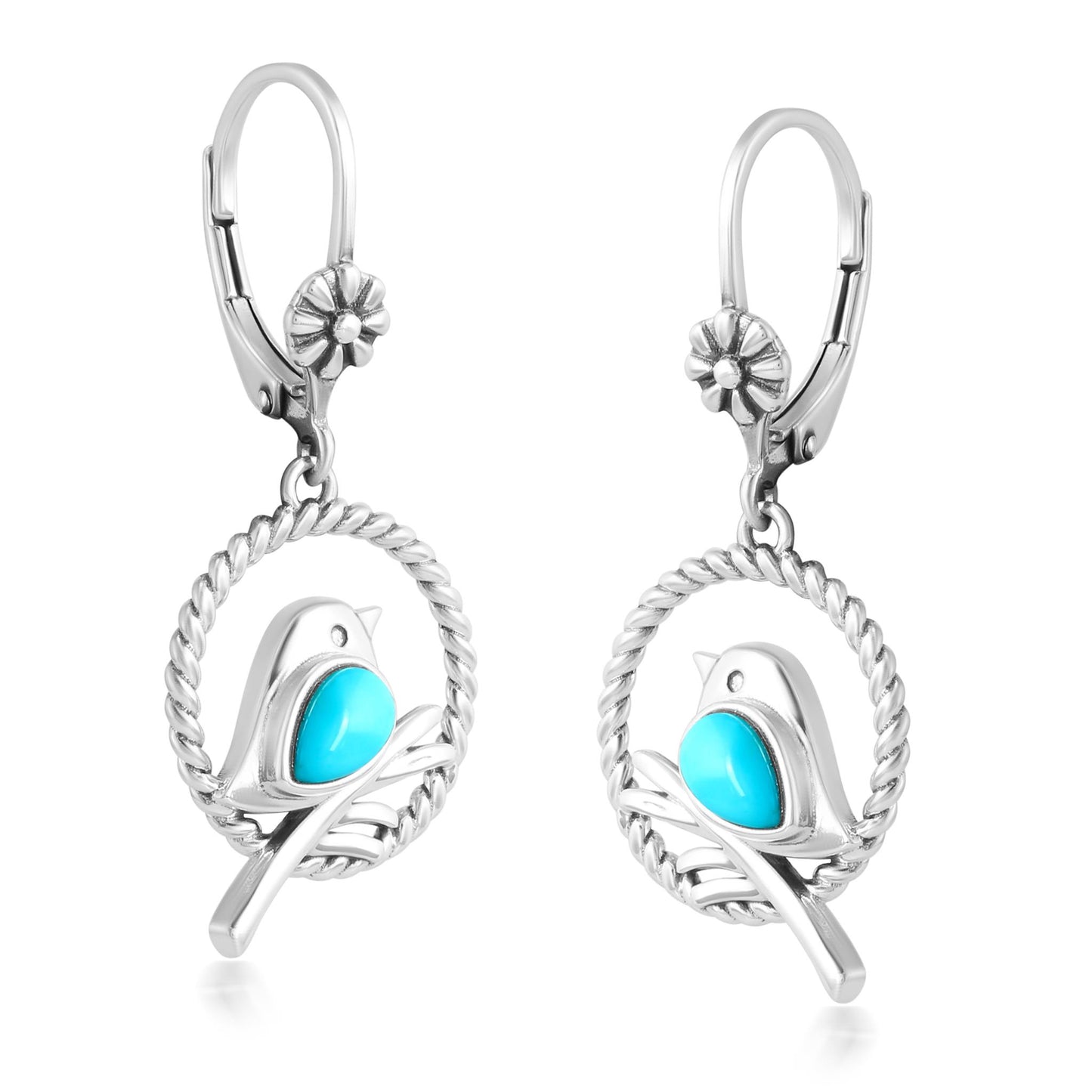 EXCLUSIVELY OURS! Sterling Silver Sleeping Beauty Turquoise Bird and Branch Open Circle Dangle Earrings