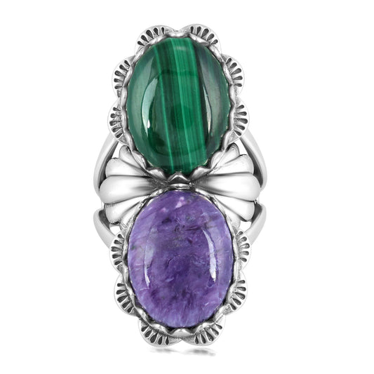 Sterling Silver Oval Charoite and Malachite Scalloped Ring